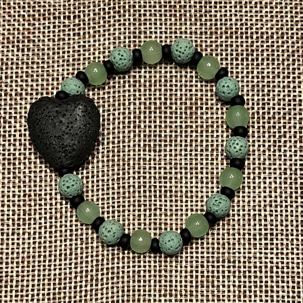 Hand crafted XS green lava diffuser bracelet black heart green beads